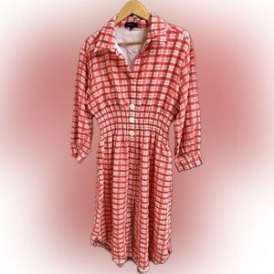 En Saison Salmon/Orange and White Long Sleeve Plaid Dress